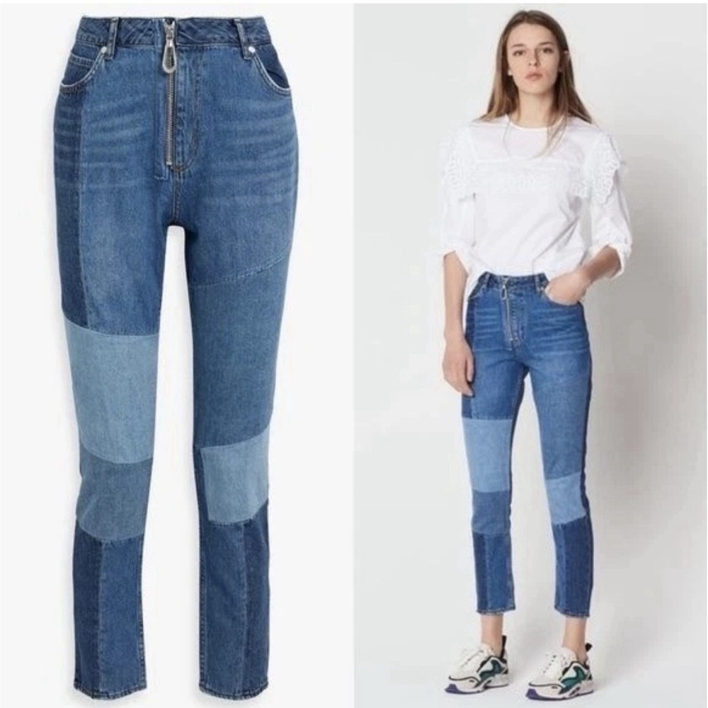 Sandro Hani Patchwork Jeans Blue VTG 29x24 High Rise Zip Fly Cropped 40 - Picture 1 of 8